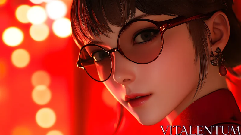 Elegant girl in red glasses glows in warm neon bokeh light