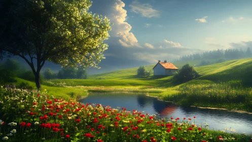 Sunlit cottage by reflective river in lush spring meadow.
