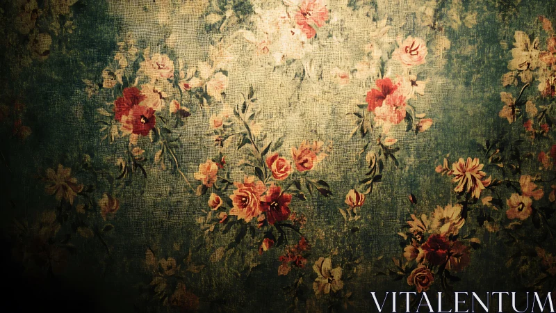 Vintage floral textile pattern with distressed teal ground.