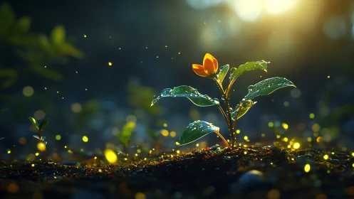 Macro-lit seedling with dewdrops under volumetric sunrise bokeh