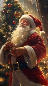 Festive Santa Claus portrait beside radiant Christmas tree.