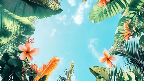 Symmetrical tropical foliage frames cyan sky with stylized depth