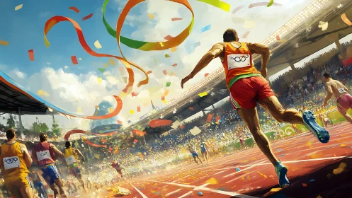 Sprinters surge toward finish amid vivid stadium confetti.