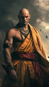 Storm-lit warrior sage in saffron robes strides from dusk.