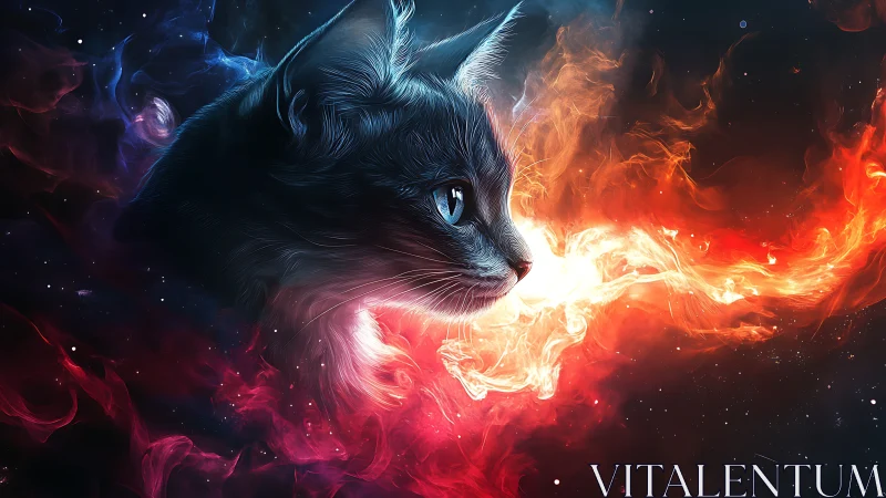 Mystical Cat Emerges from Cosmic Fire and Ethereal Light