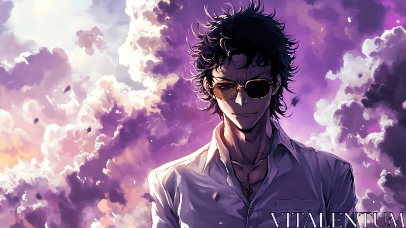 Stoic anime man in sunglasses under dramatic violet clouds