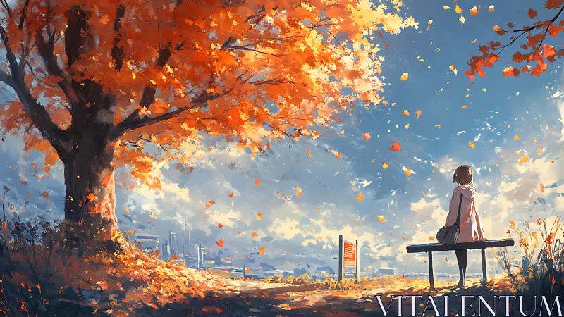 Autumn city overlook with solitary figure under blazing maple.