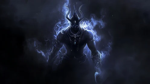 Shadow demon warrior emerges from electric blue void.