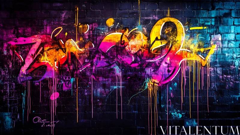 Neon graffiti explodes across a dark urban brick wall.