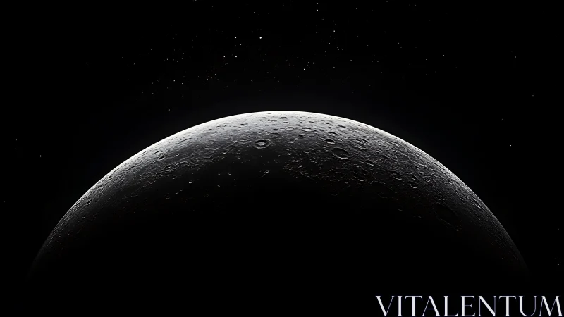 Lunar surface crescent under low light with star field backdrop.