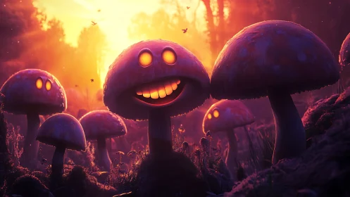 Glowing grinning mushrooms light a surreal twilight forest