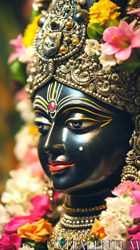 Radiant deity statue glows with jewels, flowers, and calm grace