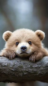 Curious bear cub quietly rehearses courage on a fallen log