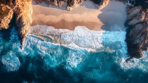Aerial coastal surfline with sunlit sandstone cliffs and cove