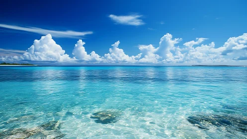 Turquoise tropical sea under towering cumulus clouds.