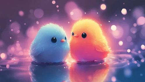 Glowing pastel chicks share a dreamy moment in water.