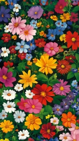 Vibrant Cosmos Garden: Multicolor Blooms Against Verdant Foliage.