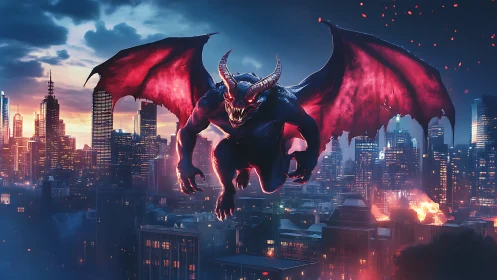 Winged demon storms burning futuristic city at twilight