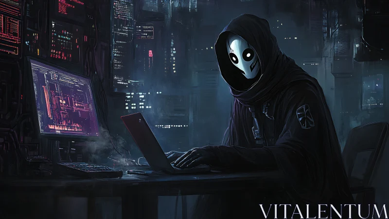 Midnight mask hacker bending neon code in ghosted alley.