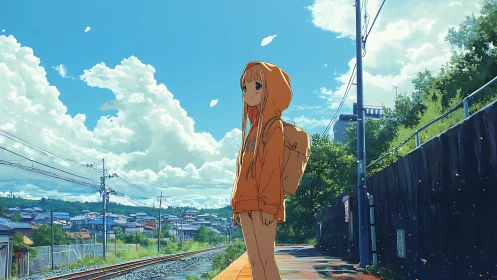 Sunlit girl in orange hoodie waiting by quiet rail tracks.