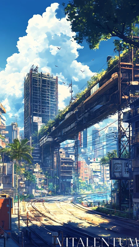 Skyrails and palm shadows in a sunlit eco-megacity street.