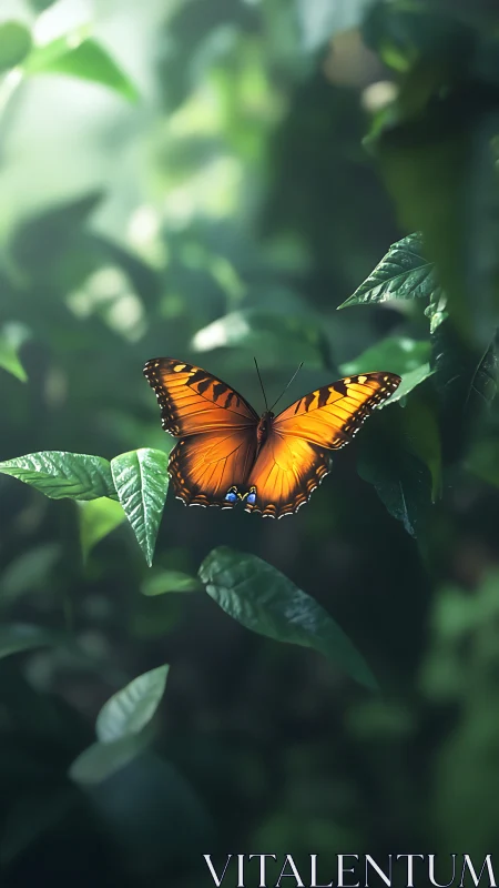 Monarch butterfly glows over deep green forest leaves.