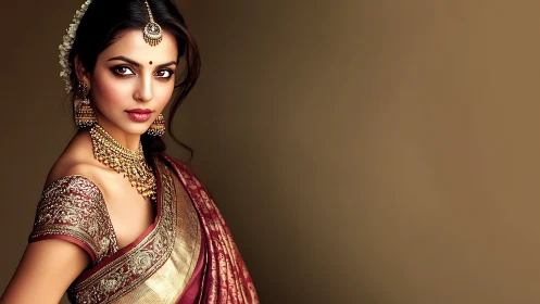 Regal bridal portrait in crimson sari with gold jewelry.
