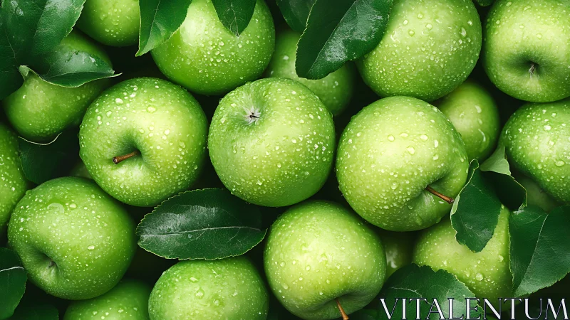 Green apples with fresh leaves form dense wet surface