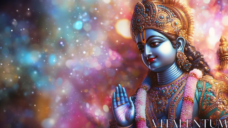 Radiant blue deity offers gentle blessing in glowing light