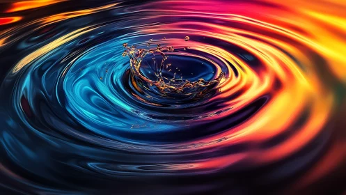 Vibrant liquid vortex with golden splash at color horizon.