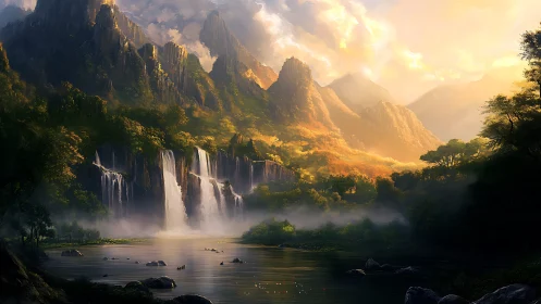 Sunlit mountain waterfalls in a tranquil hidden valley.