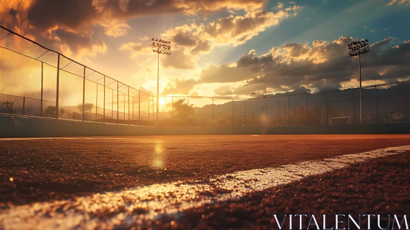 Empty outdoor sports court under dramatic sunset sky.