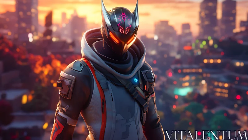 Neon-masked cyber warrior overlooks a glowing sunset cityscape.