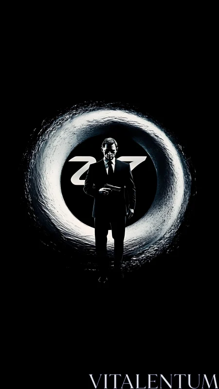 Silhouette spy in gun-barrel tunnel with bold 27 emblem.