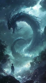 Digital painting of ethereal sky dragon in misted ravine encounter.