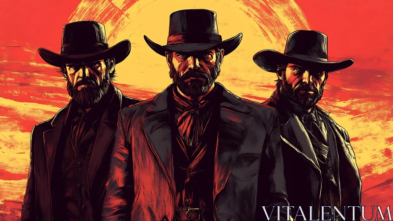 Three armed cowboys stand under a stylized red sunset