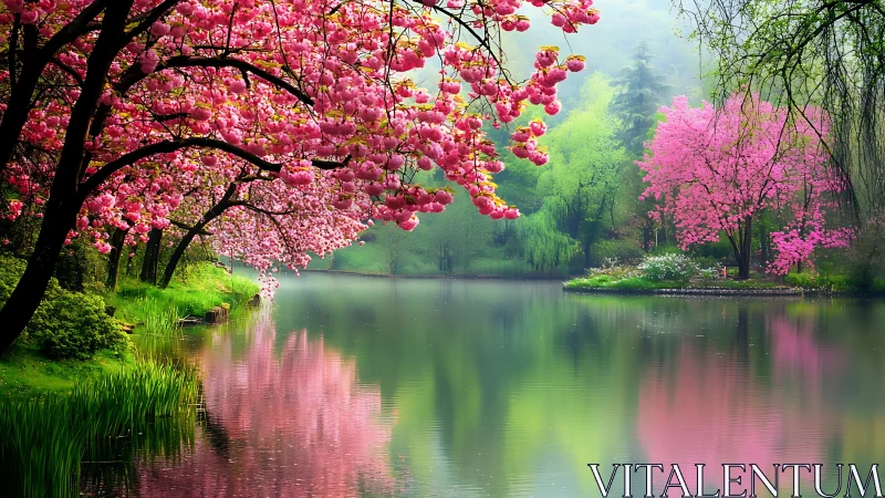 Spring blossom trees reflected along a calm riverside.