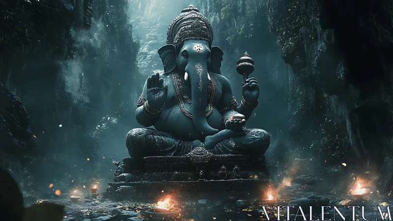 Mystic Ganesha statue glows within a misty jungle cavern