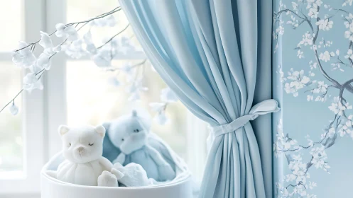 Soft blue nursery window showcases plush toys and draped curtain