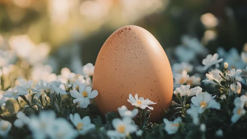 Macro bokeh study of speckled brown egg among white flowers