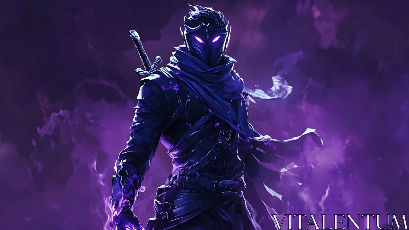 Shadowy masked warrior with glowing purple energy aura.