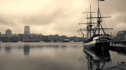 Historic tall ship moored in modern urban harbor at dusk.