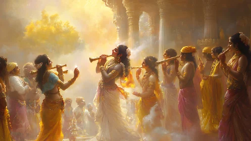 Divine musician surrounded by dancers in golden temple court.