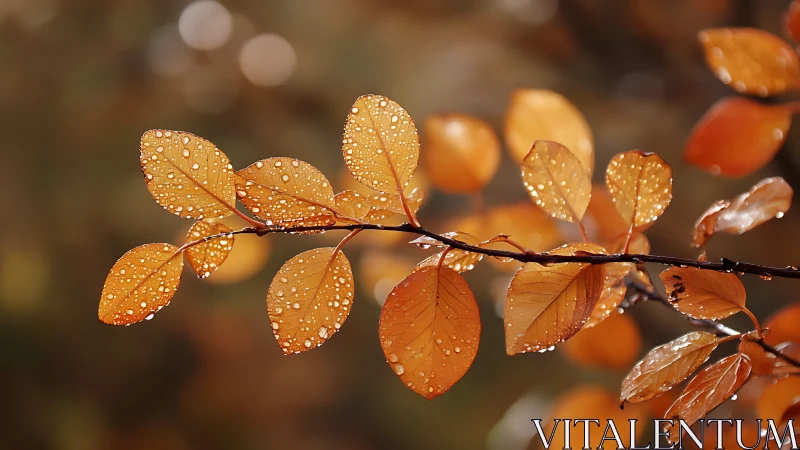 Macro study of dewy autumn foliage on backlit branch.