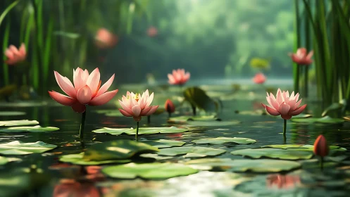 Soft dawn lotus chorus drifting across a misty green pond.