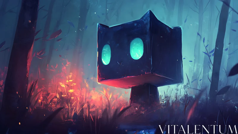 Bioluminescent cube-headed creature in neon twilight forest