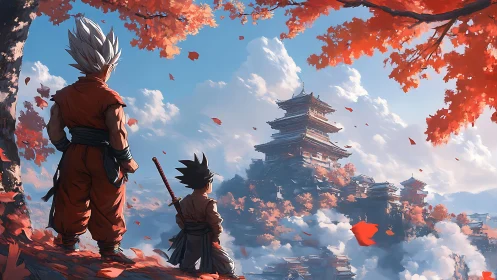 Anime warriors overlooking autumnal pagoda citadel landscape