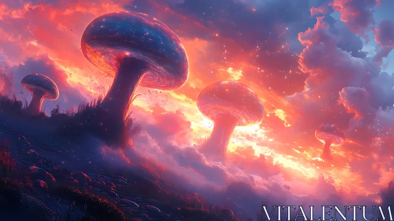 Colossal luminous mushrooms rise through molten sunset sky.