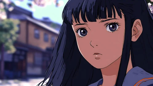 Quiet street afternoon frames a thoughtful anime girl