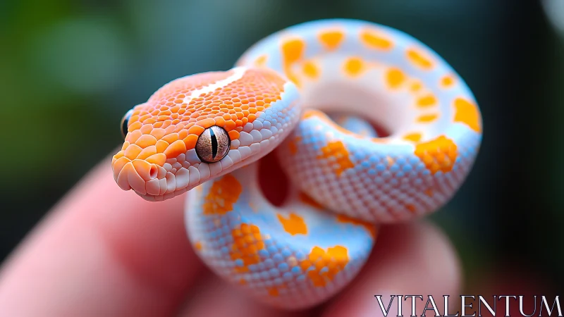 Coiled orange and white snake resting on human fingers.